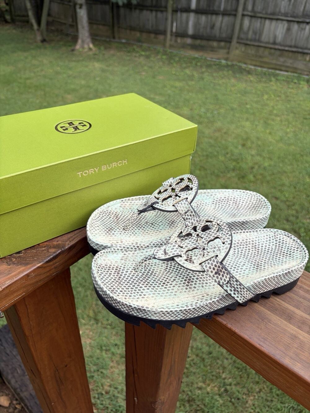Tory Burch Miller Cloud Lug Sandals Snake Print Leather Thong Slides US 7